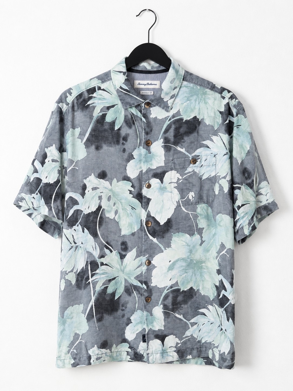 Tommy Bahama 100% Silk Hawaiian Camp Shirt Gray Blue Leaf Print Medium M